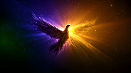A vibrant bird with radiant wings amidst a starlit cosmos scene