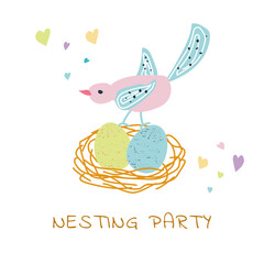 Design for greeting card for nesting party. Vector illustration 
