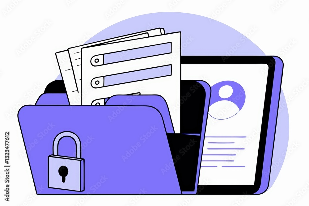 Poster a digital illustration depicting a locked folder containing documents and a tablet displaying a user