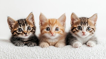 Three Fluffy Kittens Posing on a White Background, Adorable Studio Shot of Playful Cats