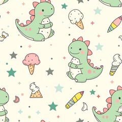Cartoon dinosaurs and ice cream, seamless collage patterns