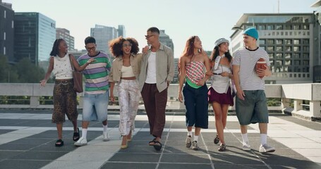 Students, friends and gen z in city with talk, happy or outdoor with hug, diversity and community. People, style and youth culture with men, women and solidarity for chat with fashion at university