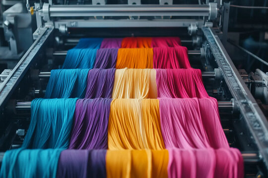 Modern dyeing machine colors long strands of fabric material at textile factory