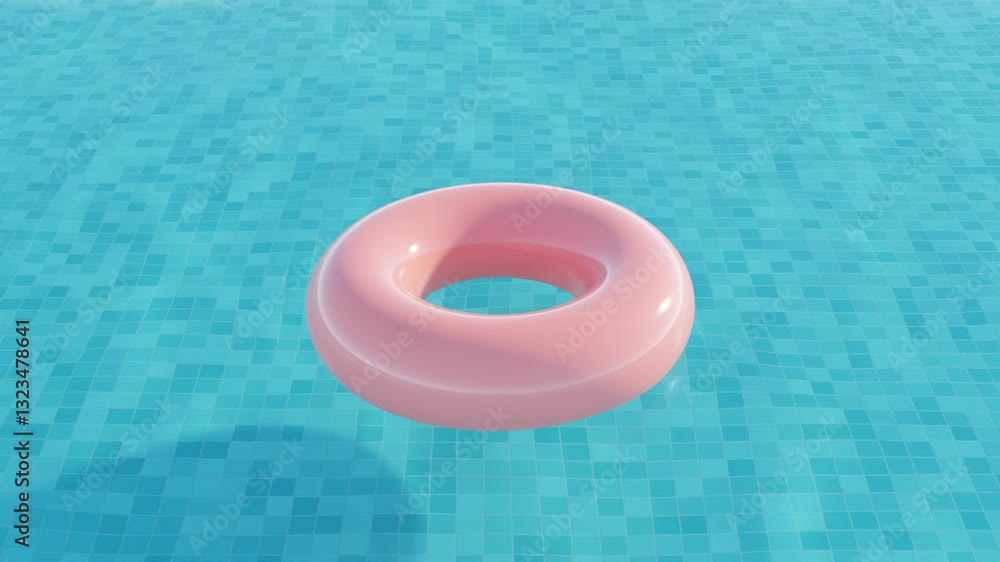 Poster minimalistic 3d animation of a pink inflatable ring gently floating on pool water surface – relaxing