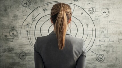 Professional woman analyzing a strategic plan in a modern office setting during the day
