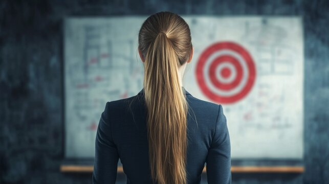 Professionally dressed individual plans strategies while observing a target board during a brainstorming session in an office environment