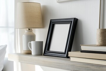 Obraz premium Cozy shelf display with lamp, mug, frame, and books