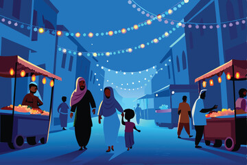 Create a vibrant vector illustration of a bustling city street scene with diverse families happily walking, showcasing a lively and positive atmosphere.