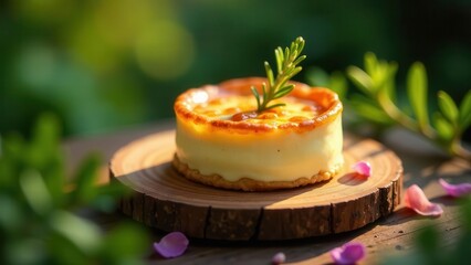 A delectable mini dessert, a creamy baked treat with a caramelized top, artfully presented on a rustic wooden slice, nestled amidst soft-focus greenery and delicate petals.