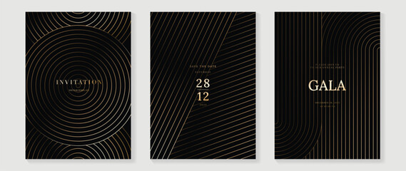 Luxury invitation card background vector. Golden elegant geometric shape, gold lines gradient on dark background. Premium design illustration for gala card, grand opening, party invitation, wedding.