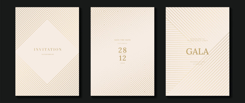 Luxury invitation card background vector. Golden elegant geometric shape, gold lines gradient on light background. Premium design illustration for gala card, grand opening, party invitation, wedding.