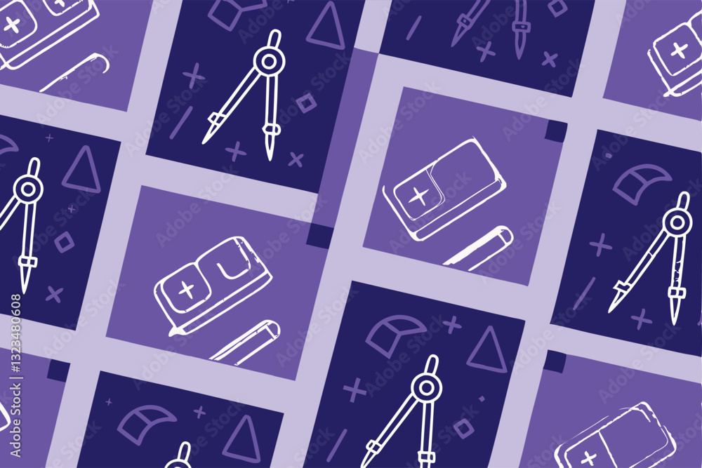 Poster design a seamless chalkboard pattern with minimalist, thin line drawings of school-related items lik