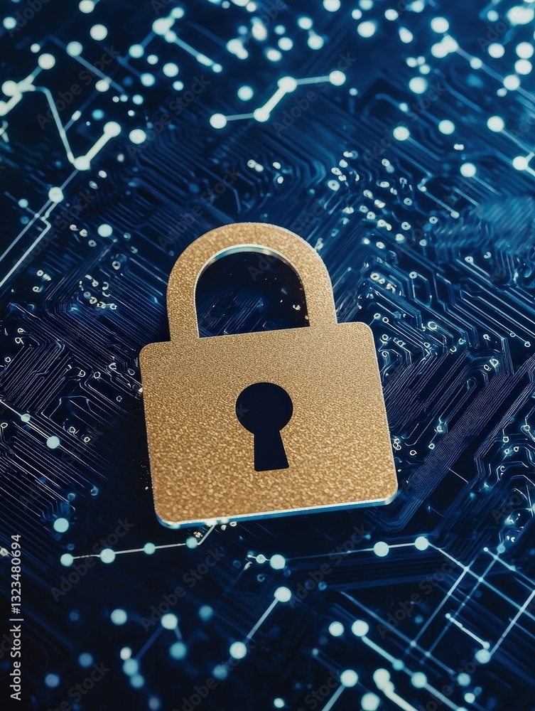 Poster padlock resting on a circuit board representing security and protection in a digital technology sett