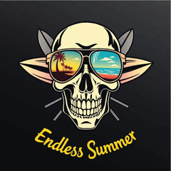 A punk-rock summer logo featuring a detailed skull wearing reflective sunglasses with a tropical beach inside them, crossed surfboards behind the skull, and Endless Summer text below