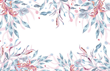 Underwater frame with dusty pink and blue sea plants isolated. Ocean watercolor border with coral branches and delicate marine leaves hand painted for scrapbooking, branding, and digital designs.