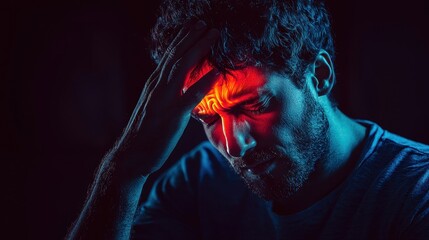 Struggling Man Expressing Pain and Distress in Dramatic Lighting