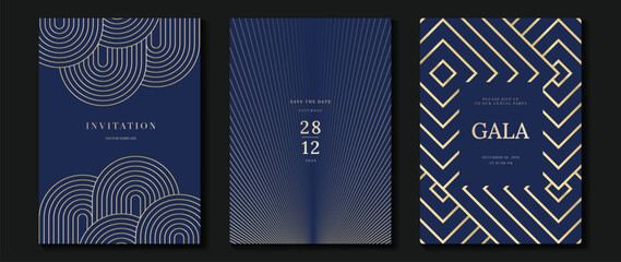 Luxury invitation card background vector. Golden elegant geometric shape, gold lines gradient on navy blue background. Premium design illustration for gala, grand opening, party invitation, wedding.