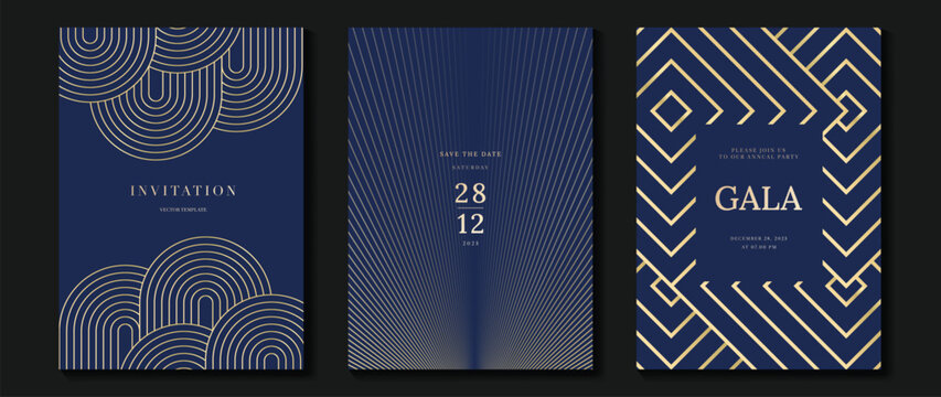 Luxury invitation card background vector. Golden elegant geometric shape, gold lines gradient on navy blue background. Premium design illustration for gala, grand opening, party invitation, wedding.