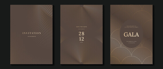 Luxury invitation card background vector. Golden elegant geometric shape, gold lines gradient on brown background. Premium design illustration for gala, grand opening, party invitation, wedding.