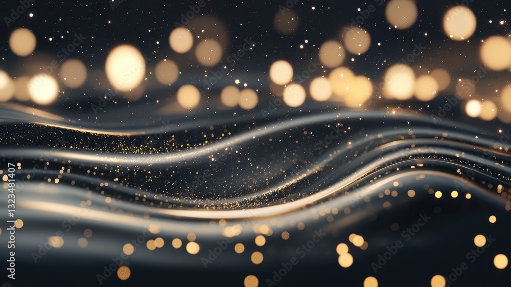 Poster dark black curved surface sparkling with dynamically particles, drifting golden and generating luxur