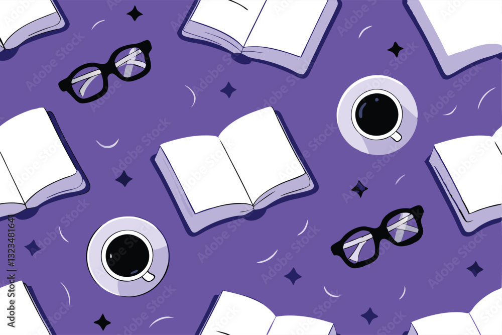 Poster create a charming doodle-style seamless pattern featuring open books, whimsical illustrations, and p