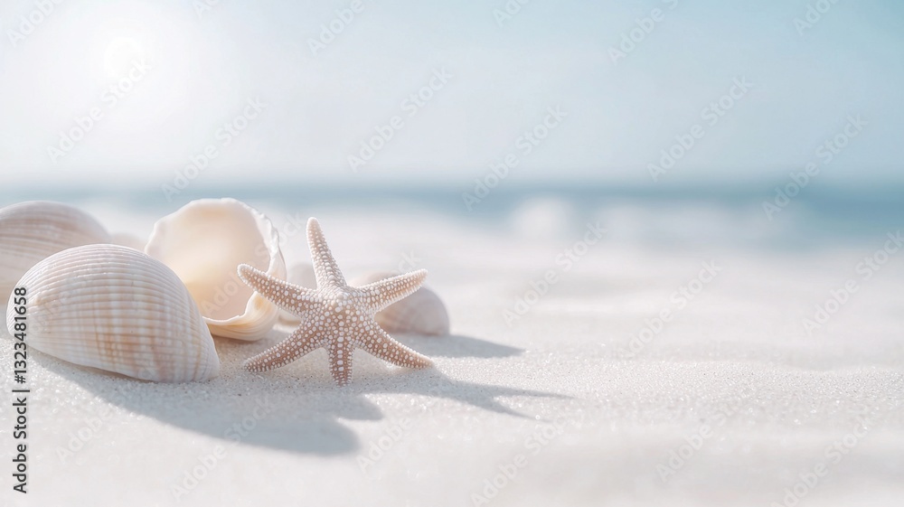 Poster starfish and seashells lie a a pristine white sand beach, creating on serene coastal scene aesthetic