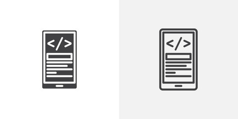 Mobile app development icons in filled and outline versions for ui designs
