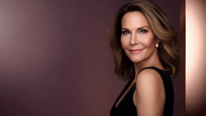Fototapeta premium Timeless Beauty: American Woman in Her Forties Through a 50mm Lens, Radiant Skin in Sharp Focus on Luxurious Deep Mauve and Rose Gold Ombre