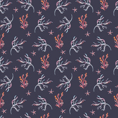 Underwater seamless pattern of pastel pink corals, sea plants, and starfish on dark. Watercolor marine repeated background hand drawn. Design for textiles, wallpapers, and beach themed packaging.