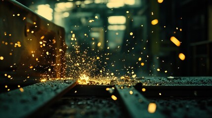 Naklejka premium Sparks fly as steel grinds, glowing embers on metal surface, industrial energy in motion. 