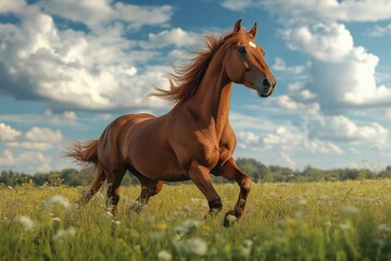 Obraz premium A majestic brown horse standing in a field of yellow flowers under a blue sky. Generative AI