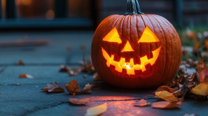Festive Halloween pumpkin carved with a cheerful face glowing on a porch surrounded by autumn leaves