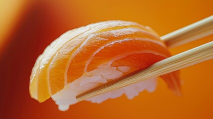 Sushi nigiri with salmon held by chopsticks, close up with copy space