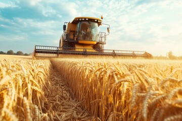 Mature golden wheat field being harvested by a combine harvester, agriculture machine, during sunny summer day