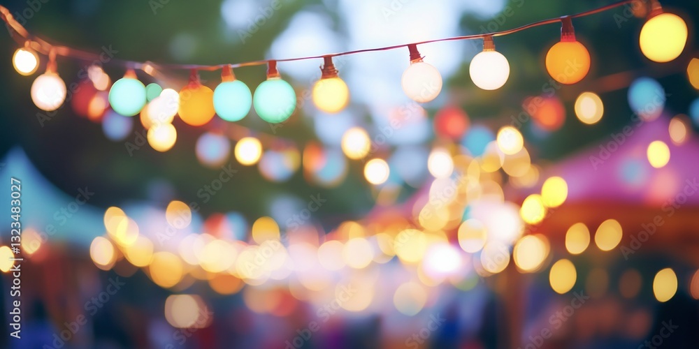 Poster hanging string lights create a bokeh effect in a festive atmosphere