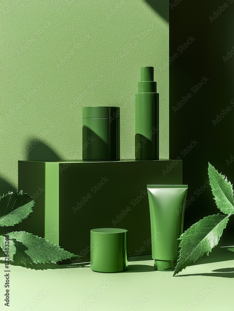 Poster elegant vase surrounded by various green vases creating a harmonious display of nature and style