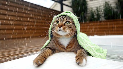 A wet cat wrapped in a towel watching the falling rain