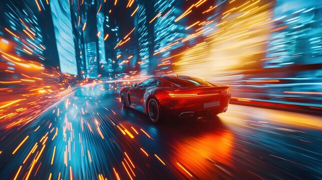 Cinematic night shot of a speeding sports car through a vibrant city landscape