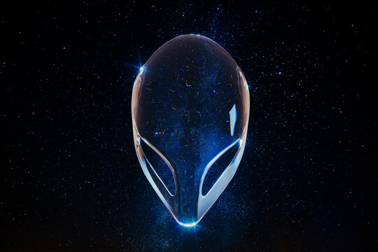 Portrait of a transparent alien head illuminated by distant stars