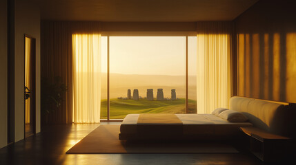 Fototapeta premium Modern Minimalist Bedroom with a Panoramic View of a Stone henge at Sunrise