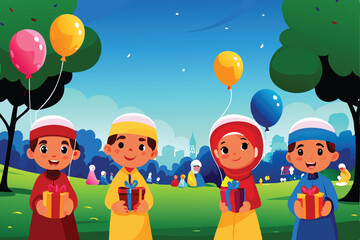 Create a vibrant vector illustration of happy children joyfully participating in a festive attire celebration.