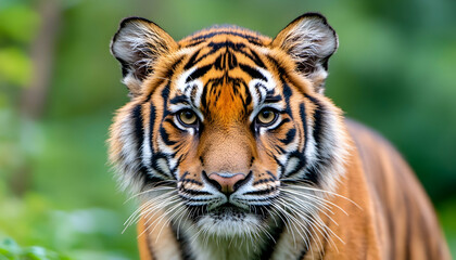 Fototapeta premium Close-up of a Sumatran tiger's face in a lush forest