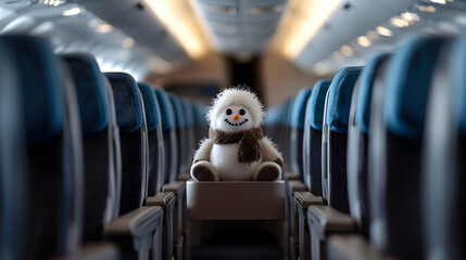 A charming snowman doll sits on an airplane tray table