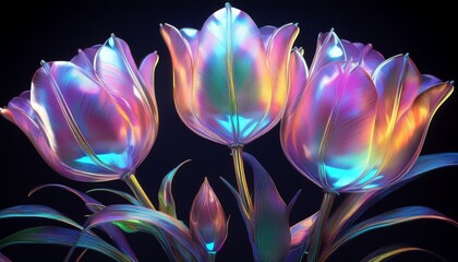 Holographic tulips with iridescent petals, showcasing ultra-modern fantasy botanical artwork with vibrant colors and futuristic design