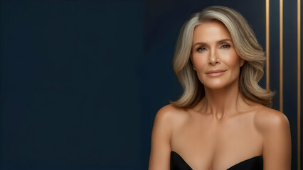 Fototapeta premium Smooth Skin in Confident Years: American Woman in Her Forties, Fair Skin Glows with Softbox Light, Navy Blue with Gold for Luxury Branding
