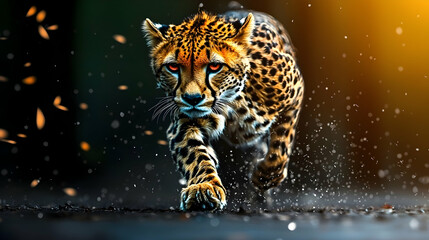 A Magnificent Cheetah Walks Towards the Viewer in Dramatic Lighting