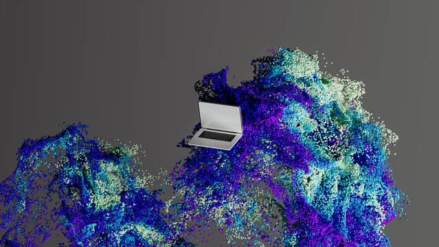 Modern laptop set against a vibrant abstract technological background