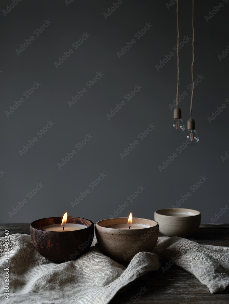 Poster two elegant bowls with a flickering candle set on a table creating a warm and inviting ambiance