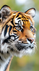 Fototapeta premium Close-up of a tiger's head, showcasing its striking stripes and attentive gaze