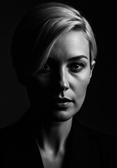 Woman expressing confidence in dramatic lighting